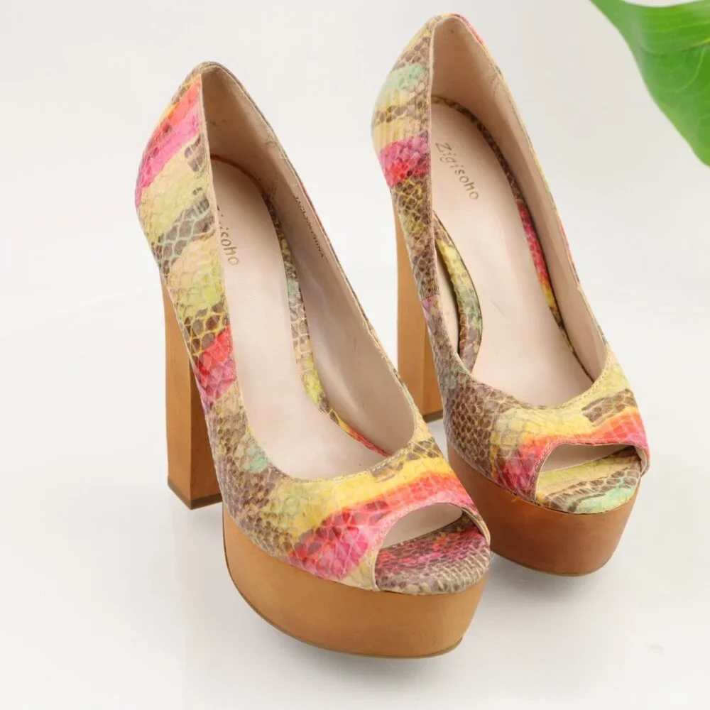ZigiSoho Womens Jaclyn Pumps Size 8 Tan Red Python Wood Heel Platform Y2K Shoes